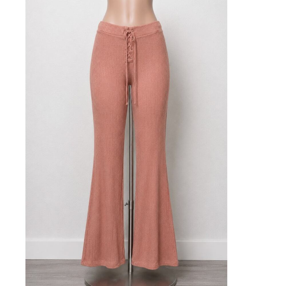 NWT Topshop Comfy Peach Ribbed Knit Flare Leg Lace-Up Front Tie Legging Pant 6